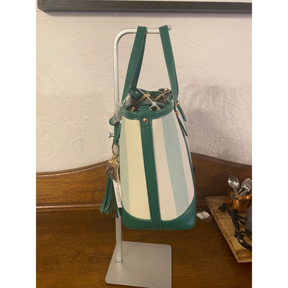 Anne Klein Wynn Green Striped Tote Bag with Pouch and Crossbody Strap NEW - Picture 11 of 13